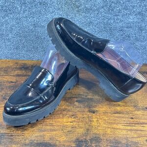 Franco Sarto Black Patent Loafers Size 9.5M Lug Sole Chunky Preppy Classic Mod